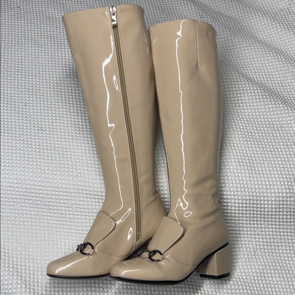Source Unknown Shoes - Source Unknown Beige Patent Knee-High Block Heel Boots